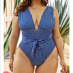 Blue and white pinstripe one piece